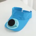 Nahaufnahme des blauen Sonnenblendenhutes mit integriertem solarbetriebenen Kühlventilator. - Himmelblau