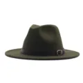 Grüner Woll-Fedora-Hut für Damen und Herren, breitkrempiger Jazz-Hut mit braunem Ledergürtel. - Armeegrün