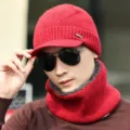Gorro de punto térmico de invierno para hombre y elegante juego de bufanda forrada polar - Sombrero Solo / Rojo vino sólido