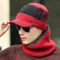 Conjunto de gorro y bufanda de punto de invierno para hombre, bloque rojo y negro. - Sombrero Solo / Bloque de Color Vino Tinto