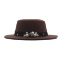 Damen Brauner Flacher Wollfilzhut Vintage Perlen Band Britischer Stil Elegante Wollmütze - Kaffeebraun