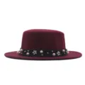 Burgundy flat top wool hat with pearl flower band stylish autumn winter bowler hat for women - 57cm / Burgundy