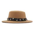 Khaki flat top fedora hat for women, elegant wool hat with pearl and flower black band. - 57cm / Khaki