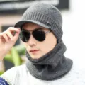 Conjunto de gorro y bufanda de punto para hombre, gorro gris forrado de lana calida de invierno. - Gris Sólido