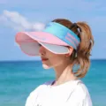 Women retractable sun visor hat pink blue double brim empty top beach outdoor anti UV cap - M (56-58cm) / Blue Pink