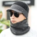Conjunto de gorro de punto y braga de cuello de invierno para hombre, gorra con visera gris. - Bloque de Color Gris