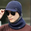 Conjunto de gorro de punto forrado de polar y calentador de cuello invierno hombre grueso - Color liso - azul marino