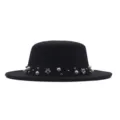 Black flat top wool felt hat women autumn winter British style jazz hat with pearl flower decor - 57cm / Black