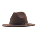 Brauner Wollfilz Fedora Hut für Damen, eleganter britischer Jazzhut mit Gürtel und Kette. - M (56-58cm) / Kaffeebraun