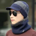 Hombres Invierno Termico Gorro De Punto y Bufanda Conjunto Forrado Azul Oscuro Variante - Bloque de Color Azul Marino