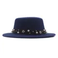 Women's Navy Blue Flat Top Fedora Hat with Pearl Band Autumn Winter Fashion Style SKU - 57cm / Navy Blue