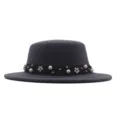 Women autumn winter wool felt flat top hat with pearl flower band elegant black ribbon boater. - 57cm / Dark Gray