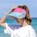 Korean style retractable empty top sun visor hat for women, outdoor beach anti-UV sunhat. - M (56-58cm) / Pink and Blue Patchwork