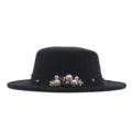 Schwarzer Woll-Flachhut für Damen mit elegantem Perlen- und Blumenband für Herbst und Frühling - Schwarz