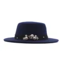 Dunkelblaue Damen Wollfilz Hut Fedora mit schwarzem Band und Perlen flacher Zylinder - Marineblau