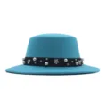 Light blue wool flat top hat with pearl and flower band, elegant autumn winter style - 57cm / Lake Blue