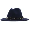 Blaue Wollfilz Fedora Hut für Damen mit Perlen Blumen Besatz, stilvoller Winter Jazz Hut - M (56-58cm) / Marineblau