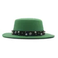 Green flat top wool hat featuring black ribbon, pearl and floral studs for women fashion. - 57cm / Grass Green