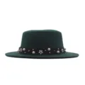 Dark green flat top fedora hat with pearl flower band, stylish women's elegant felt hat variant. - 57cm / Dark Green