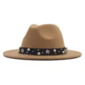 Klassischer camelwollner Fedora Hut mit eleganter Perlen Blumen Band Damen Herbst Winter - M (56-58cm) / Camel