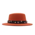 Orange flat top fedora hat with pearls floral black band stylish women autumn winter hat sku - 57cm / Orange