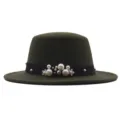 Olivgrüner Flacher Fedora Hut Damen Wolle Filz Perlen Band Mode Herbst Stil Neu - Armeegrün