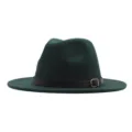 Dunkelgrüner Wollfedora Hut für Damen und Herren, breiter Krempen Jazzhut mit braunem Gürtel. - Dunkelgrün