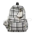 Korean black and white plaid backpack for women, lightweight school bag with plush pendant. - Without Pendant / Black