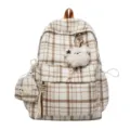 Korean style brown white plaid backpack with cute bear pendant, lightweight student school bag. - Without Pendant / Khaki
