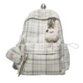 Korean style plaid school backpack with cute bear pendant and mini pouch for students - Without Pendant / Gray