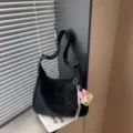 Casual black shoulder bag for women, retro tote bag with cute bear pendant and card holder. - Pink Bow Dog Head / Black