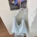 Light blue polka dot hobo bag with scrunchie handle casual cute shoulder bag for women - Green Polka Dot