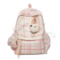 Pink and white plaid student backpack with cute plush pendant, lightweight school bag variant - Without Pendant / Pink