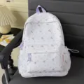 White floral fabric backpack with purple bows, cute student bookbag for daily travel school. - Purple