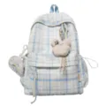 Korean style plaid backpack for women students, cute lightweight school bag with bear pendant. - Blue
