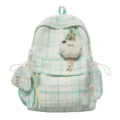 Korean style plaid backpack for students, lightweight cute school bag with bear pendant. - Green
