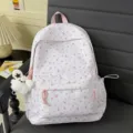 Sweet pink floral backpack with cute plush pendant, casual student school bag for daily use. - Beaded Chain Flying Rabbit / Pink