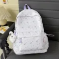 Sweet floral fabric backpack for women students, cute daily casual school bag with pendant. - Beaded Chain Flying Rabbit / Purple
