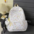 Sweet floral fabric school backpack with cute rabbit charm, casual student travel daypack. - Beaded Chain Flying Rabbit / Yellow