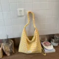 Yellow white plaid hobo shoulder bag, cute aesthetic underarm slouchy casual bag for women. - Yellow Plaid