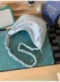 Milk salt blue polka dot crescent shoulder bag with scrunchie strap and cute bow accents. - Blue (No Pendant)