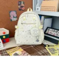 Cream star print casual backpack for women, cute school bag with mini pouch and yellow straps. - No Pendant / Yellow