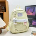 Milky yellow sweet student backpack with clear pocket and plush pendant for daily casual commute. - No Pendant / Blue
