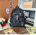 Japanese style dark star pattern backpack casual school bag with cute mini pouch and charms - Polka Dot Star with Bead Chain / Black