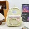 Low saturation milk yellow student backpack with clear pocket cute embroidery daily commuter - No Pendant / Pink