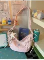 Pink polka dot shoulder bag with ruffled strap and cute bow, sweet style daily crossbody bag. - Pink + Polka Dot Pentagram