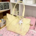 Yellow star moon print tote bag stylish shoulder bag casual commuter handbag for women - With Charm / Yellow