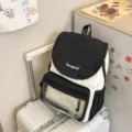 Casual black and white canvas backpack with clear front pocket for daily school or travel use. - No Pendant / Black
