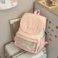 Sweet pink and white colorblock backpack with clear front pocket, casual cute daily travel bag for girls - No Pendant / Pink