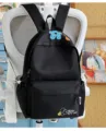 Classic black school backpack with cute floral patch, casual lightweight daypack for daily use. - L / No Pendant / Black With Blue Flowers